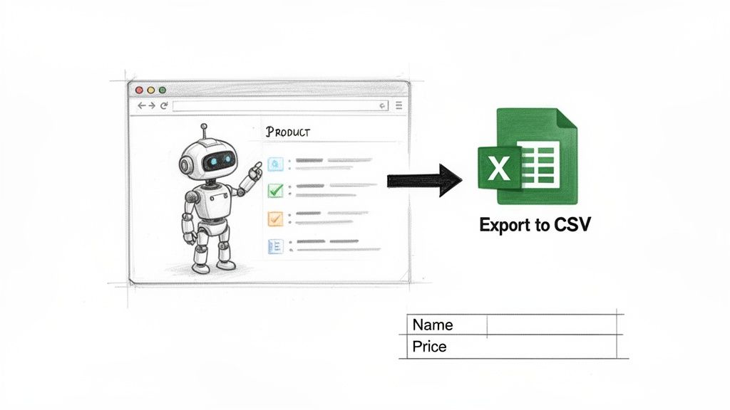 A robot extracts product data from a web browser and exports it to a CSV spreadsheet.