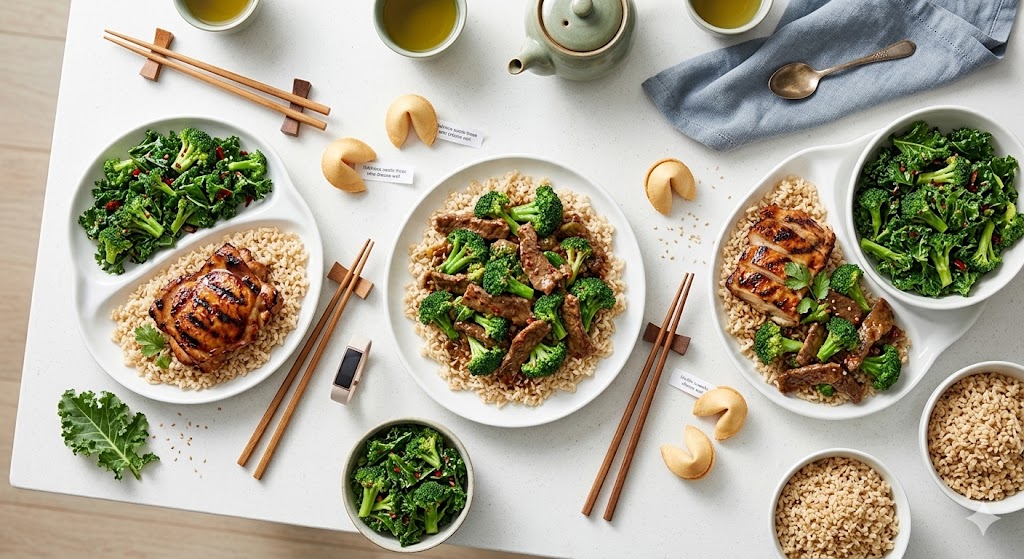 An overhead flat lay photo of a healthy Panda Express meal featuring grilled teriyaki chicken, broccoli beef, super greens, brown rice, chopsticks, and a fortune cookie on a modern white table.