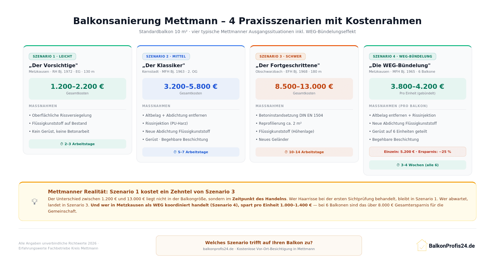 Infografik: Vier Praxisszenarien Balkonsanierung Mettmann – Der Vorsichtige (1.200–2.200 €), Der Klassiker (3.200–5.800 €), Der Fortgeschrittene (8.500–13.000 €) und Die WEG-Bündelung (3.800–4.200 € pro Einheit, −25 % gegenüber Einzelsanierung). Insight: Szenario 1 kostet ein Zehntel von Szenario 3.