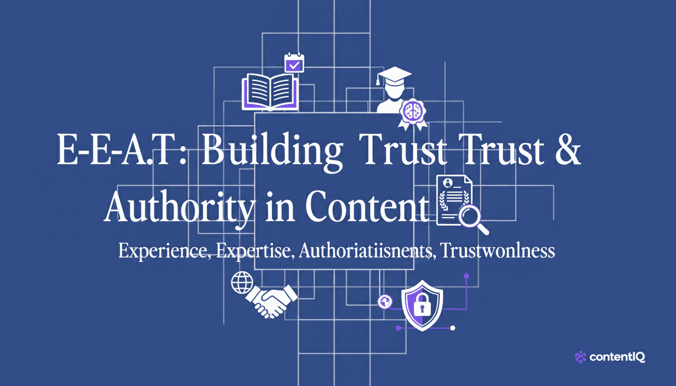 A clean, modern illustration representing E-E-A-T (Experience, Expertise, Authoritativeness, Trustworthiness) in content marketing. Visual elements include: author credentials, expert badges, research citations, verified sources, and quality signals. Use professional blues and purples. Show the concept of human expertise and authority with elements like academic papers, expert profiles, and credibility indicators. Business-focused, trust-building aesthetic.