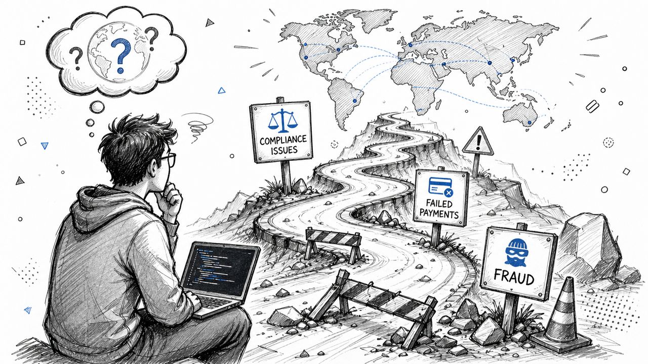 A developer pondering global payment challenges like compliance, failed transactions, and fraud while working on a laptop.