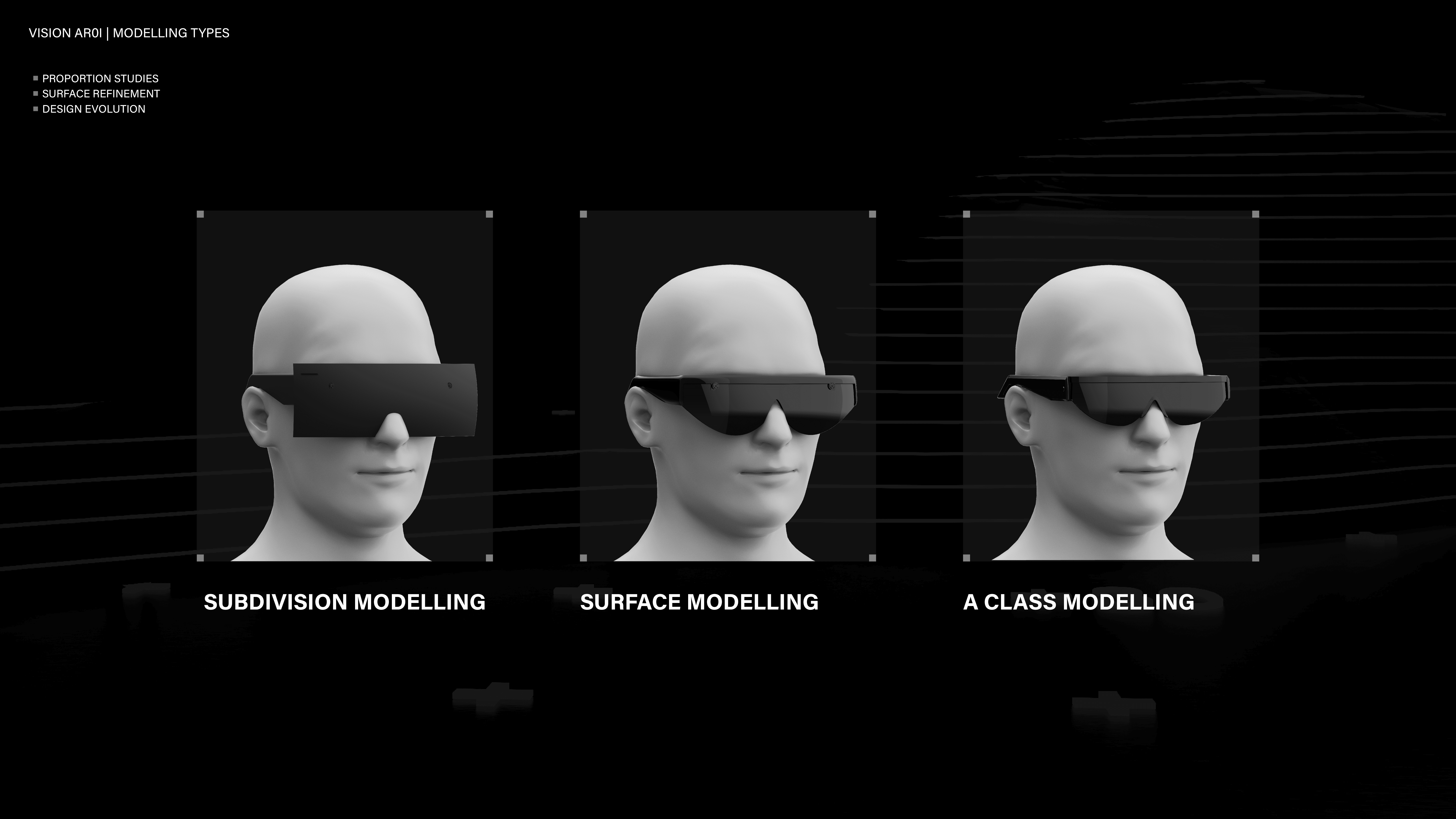 Three different CAD model variants of the Vision 01 AR glasses shown on a white mannequin against a dark background.