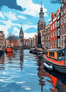 Colorful depiction of Amsterdam's canal and traditional architecture, symbolizing Story Inventory's ability to tell your product's story in Dutch, fostering a local connection with the Dutch-speaking market