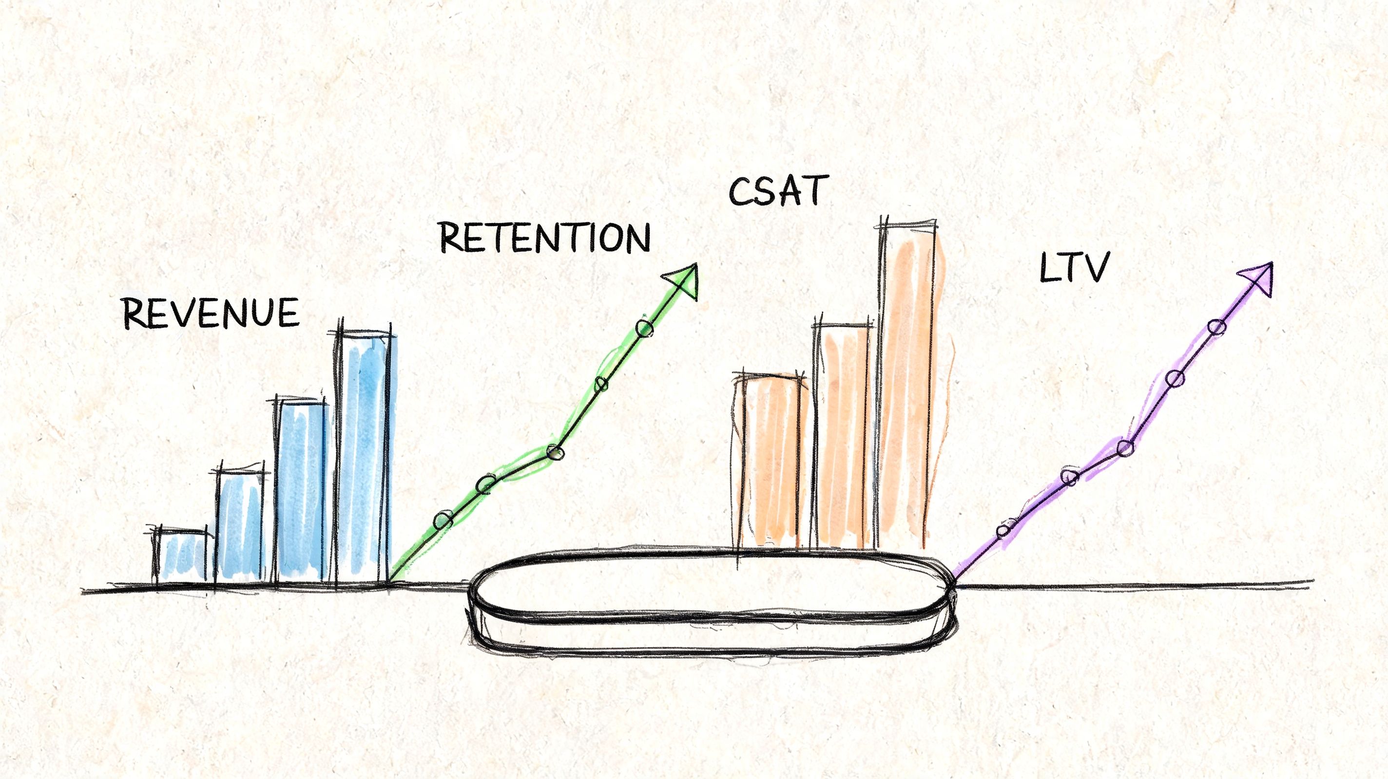A hand-drawn illustration showing growth trends for Revenue, Retention, CSAT, and LTV metrics on a platform.