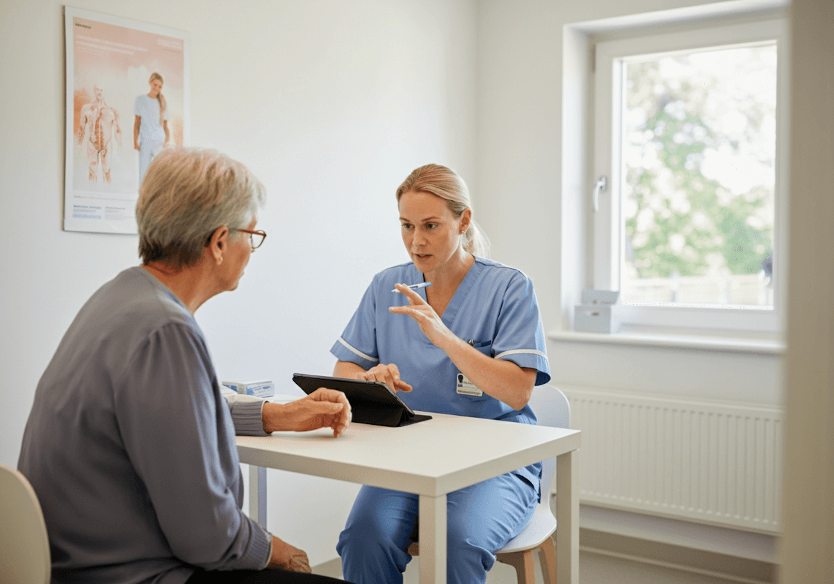 A healthcare professional consults with an older woman in a bright, modern medical office, using a tablet for discussion.