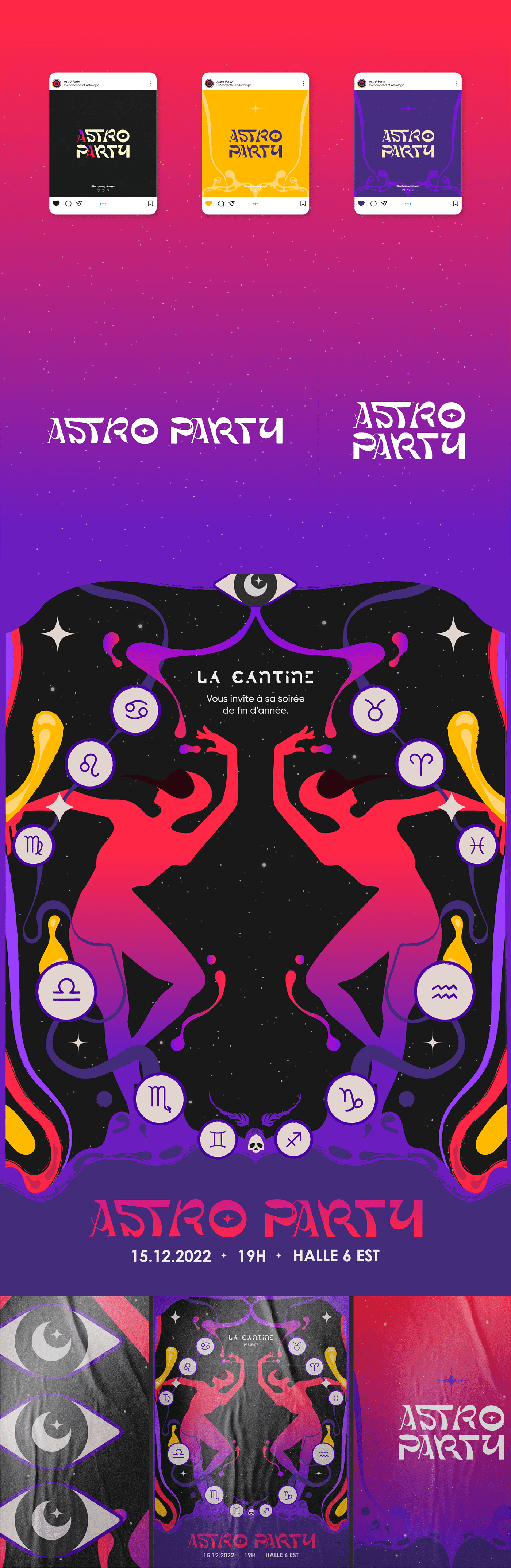 Affiche pour l'événement Astro Party organisé par La Cantine le 15 décembre 2022, avec des silhouettes symétriques et des symboles astrologiques dans un univers psychédélique.