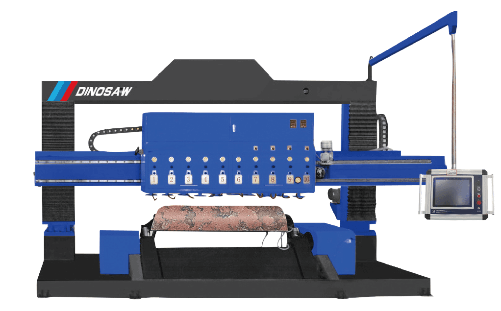 Dinosaw Stone Arc-Slab Polishing Machine featuring vacuum-fixed circular slabs for precise polishing. This machine ensures high precision and efficiency with its linear guide, multi-polishing heads, and PLC control system.