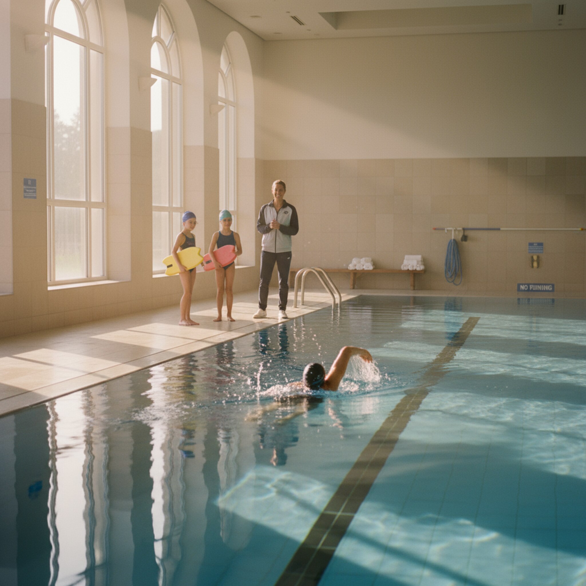 Sanftes Morgenlicht fällt durch große Fenster auf ein stilles Hallenbad. Auf einer Bahn zieht ein Schwimmer ruhige Bahnen, das Wasser perlt in klaren Linien. Am Beckenrand warten zwei Kinder mit Schwimmbrettern, eine Trainerin lächelt ermutigend. Ein leises Echo, klare Linien, aufgeräumte Atmosphäre.