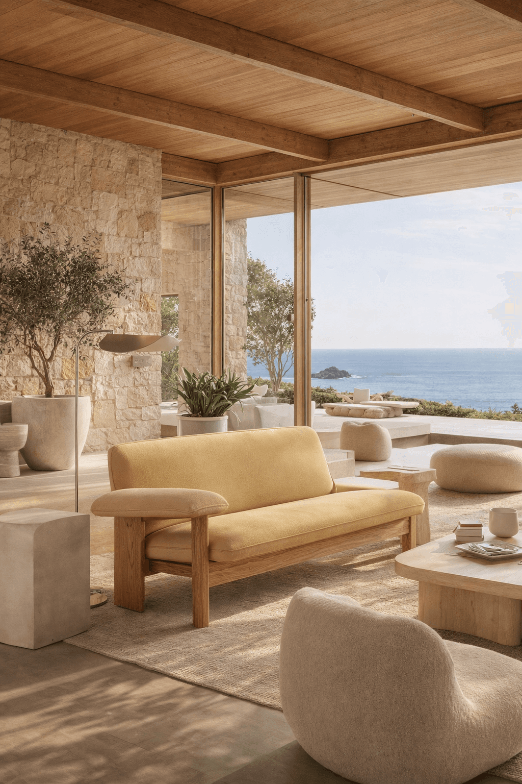 Outdoor corridor with brick arch windows, stucco grid wall, wooden pergola, and dramatic sunlight shadows.