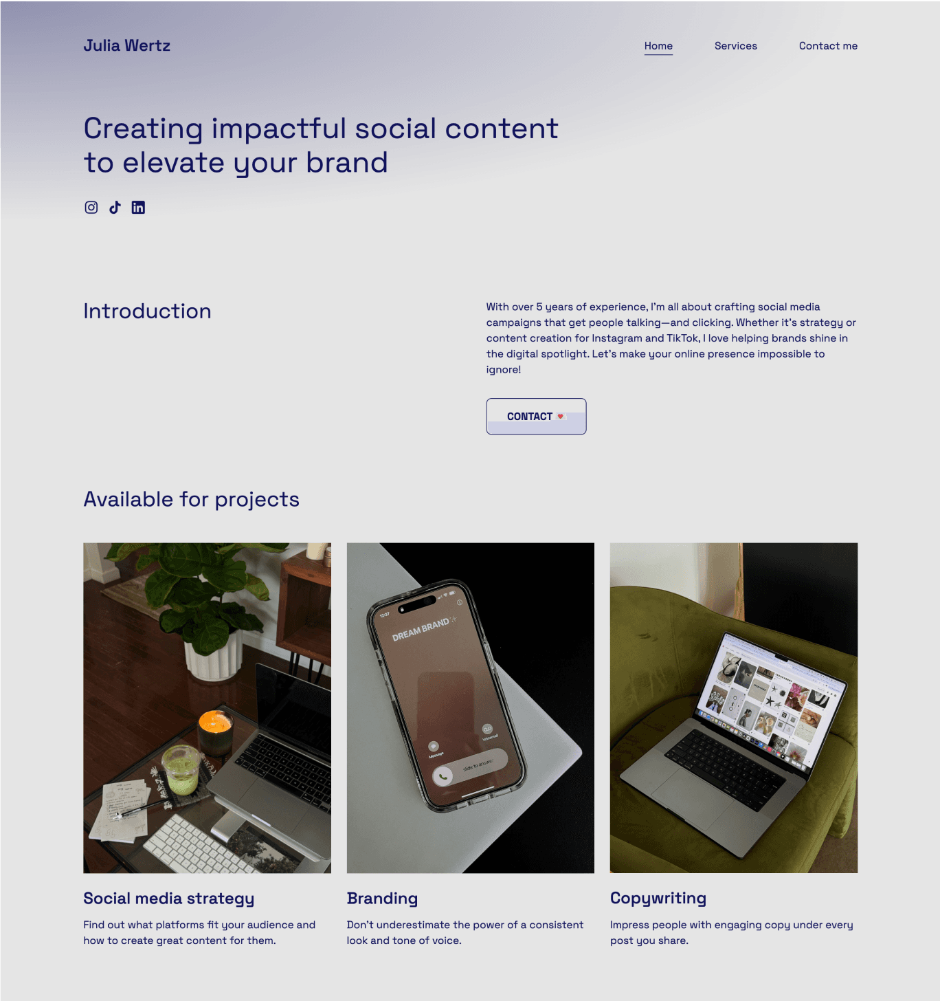 A social media portfolio example made with Copyfolio, for Julia Wertz, using the Ink color palettes and Space Grotesk font