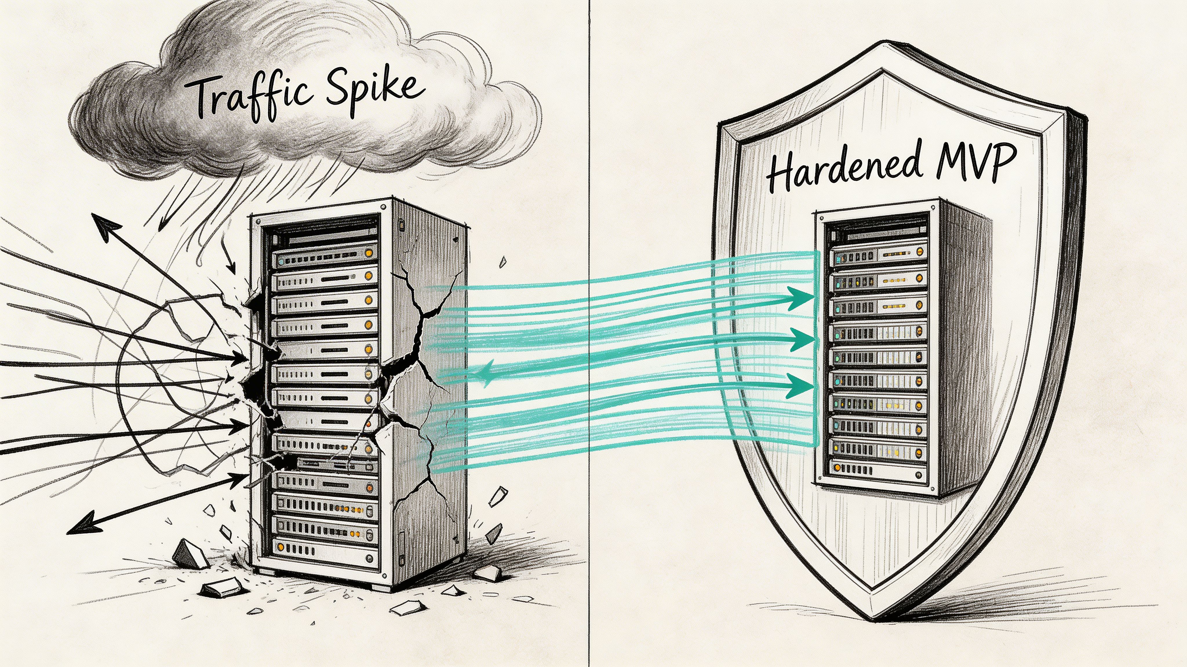 A conceptual illustration comparing a failing server under traffic pressure to a protected, hardened MVP server.