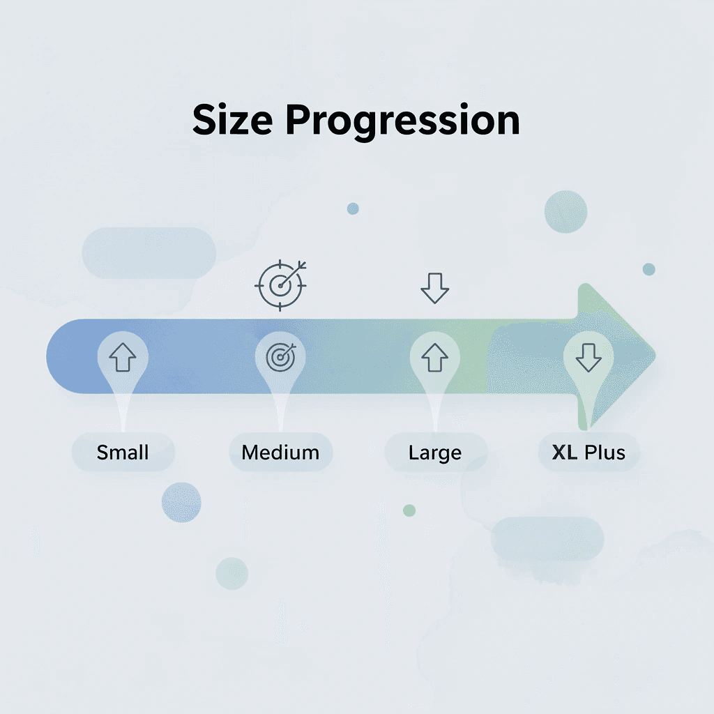 Progression arrow showing design placement adjustments from small to XL+ sizes - T-Shirt Design Size