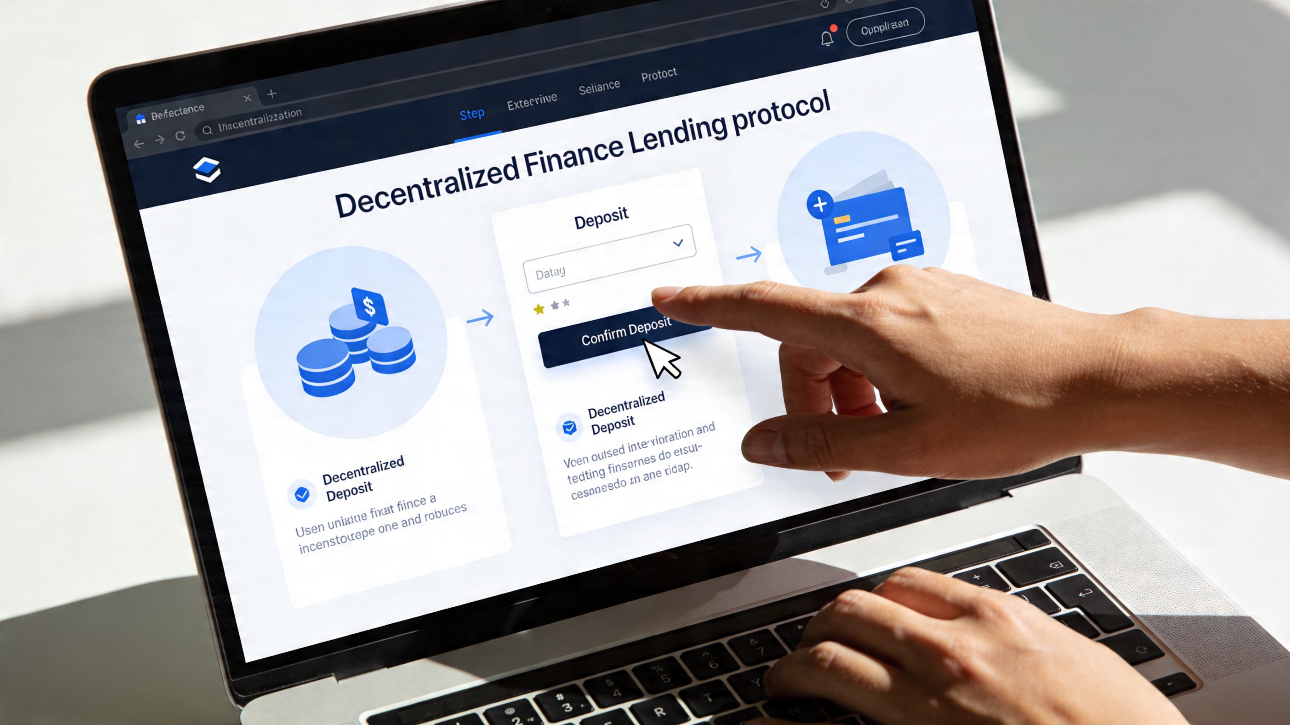 A close-up view of a person's hand interacting with a Decentralized Finance lending protocol interface on a laptop.