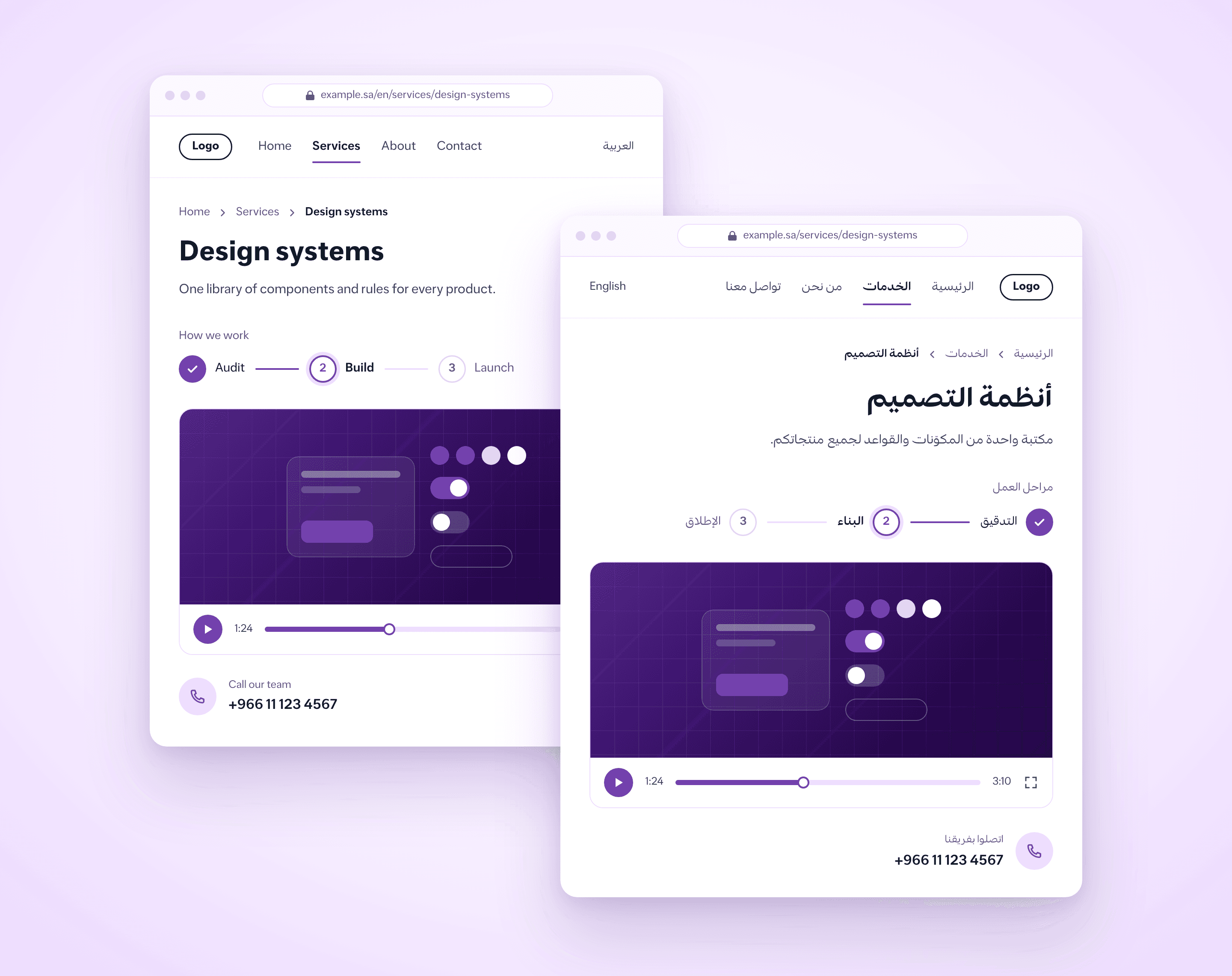 Two browser windows of a design systems page: English left to right, and Arabic right to left with mirrored navigation, breadcrumb and steps, while the logo, the video player and the phone number stay the same