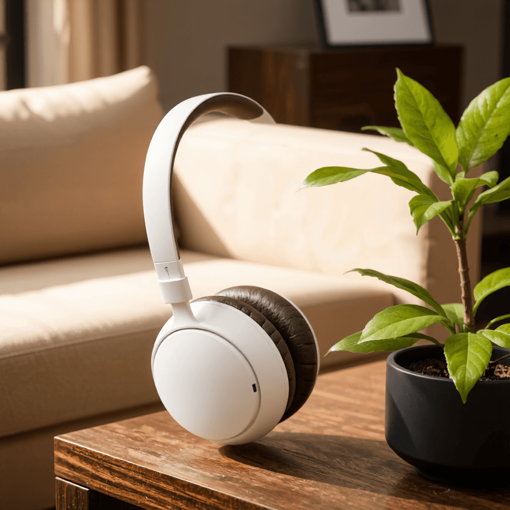 product photography of a pair of over-ear headphones designed for comfortable listening