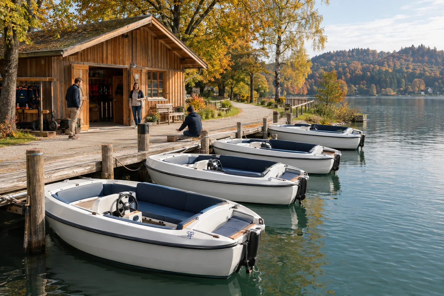 Bootshaus und Mietboote am See
