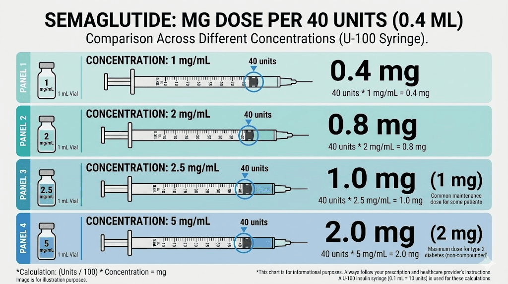 Semaglutide concentration comparison chart showing how 40 units delivers different mg doses