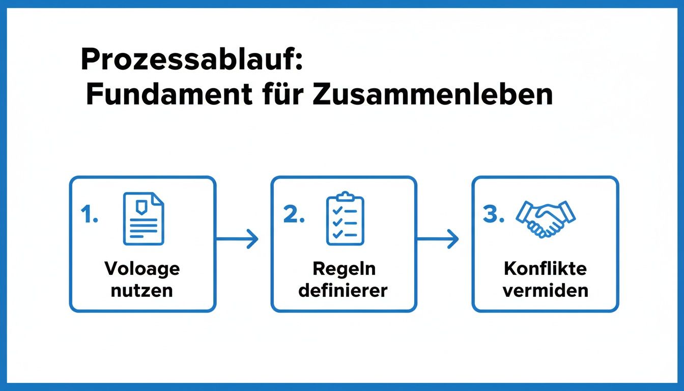 Dreistufiger Prozess zur Gestaltung des Zusammenlebens: Vorlage nutzen, Regeln definieren und Konflikte vermeiden.