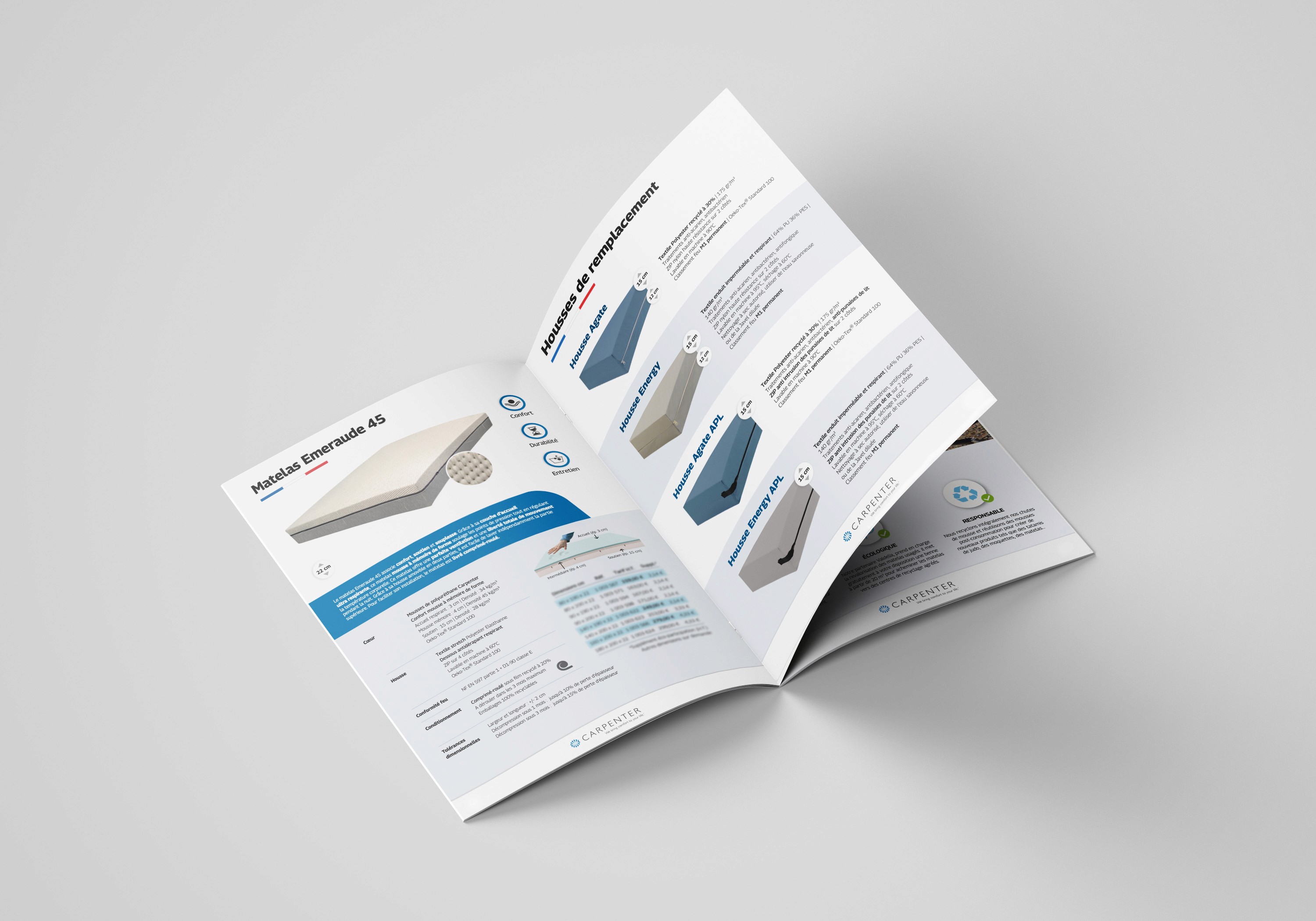 Mise en page intérieur du catalogue Carpenter, photos produits, textes et grilles de prix