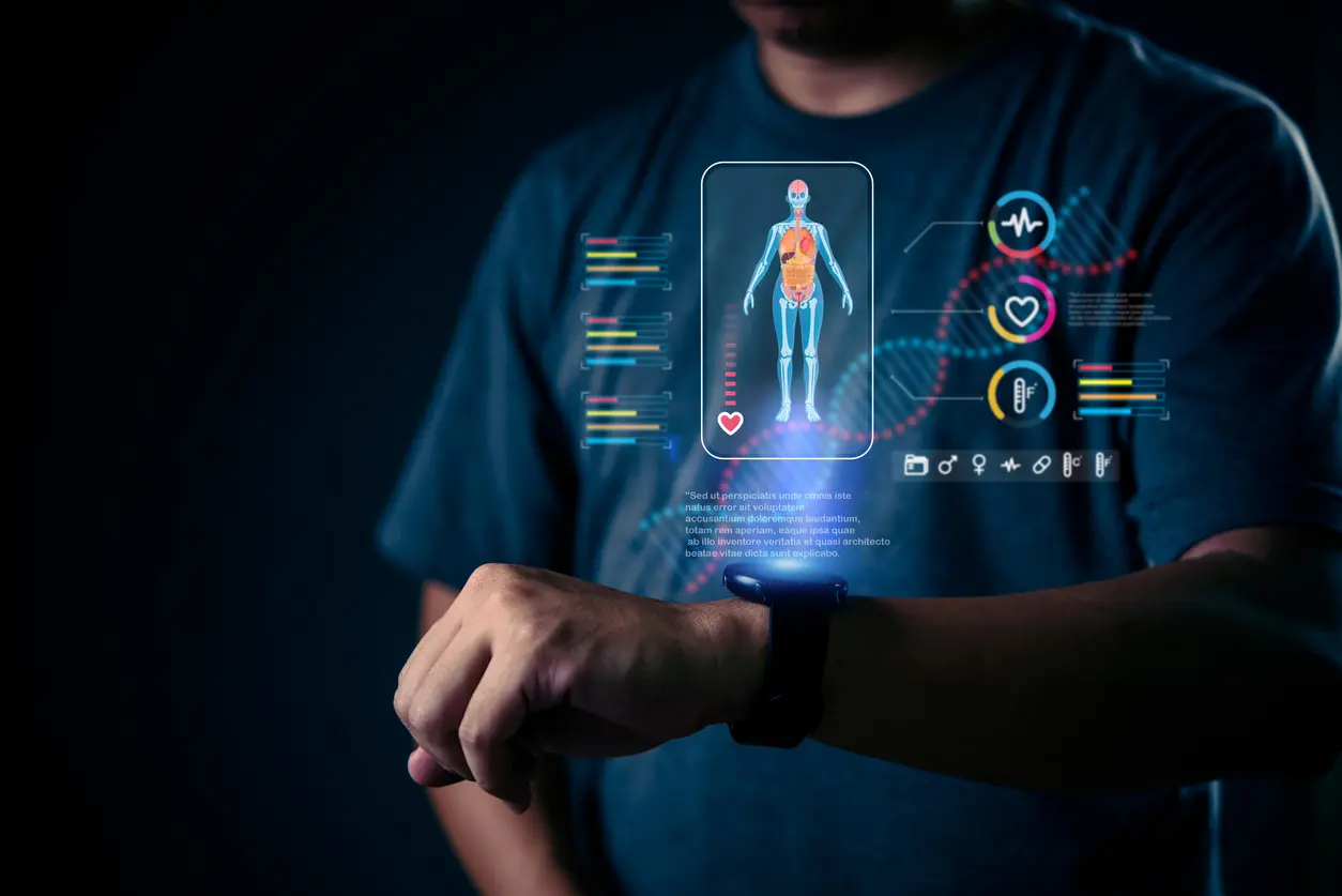 Person checking a smartwatch with holographic health and biometric data, illustrating how to hack the biological system to build resilience