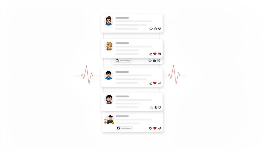 A stack of white cards displaying user profiles, text, and reaction icons, crossed by a red heartbeat line.