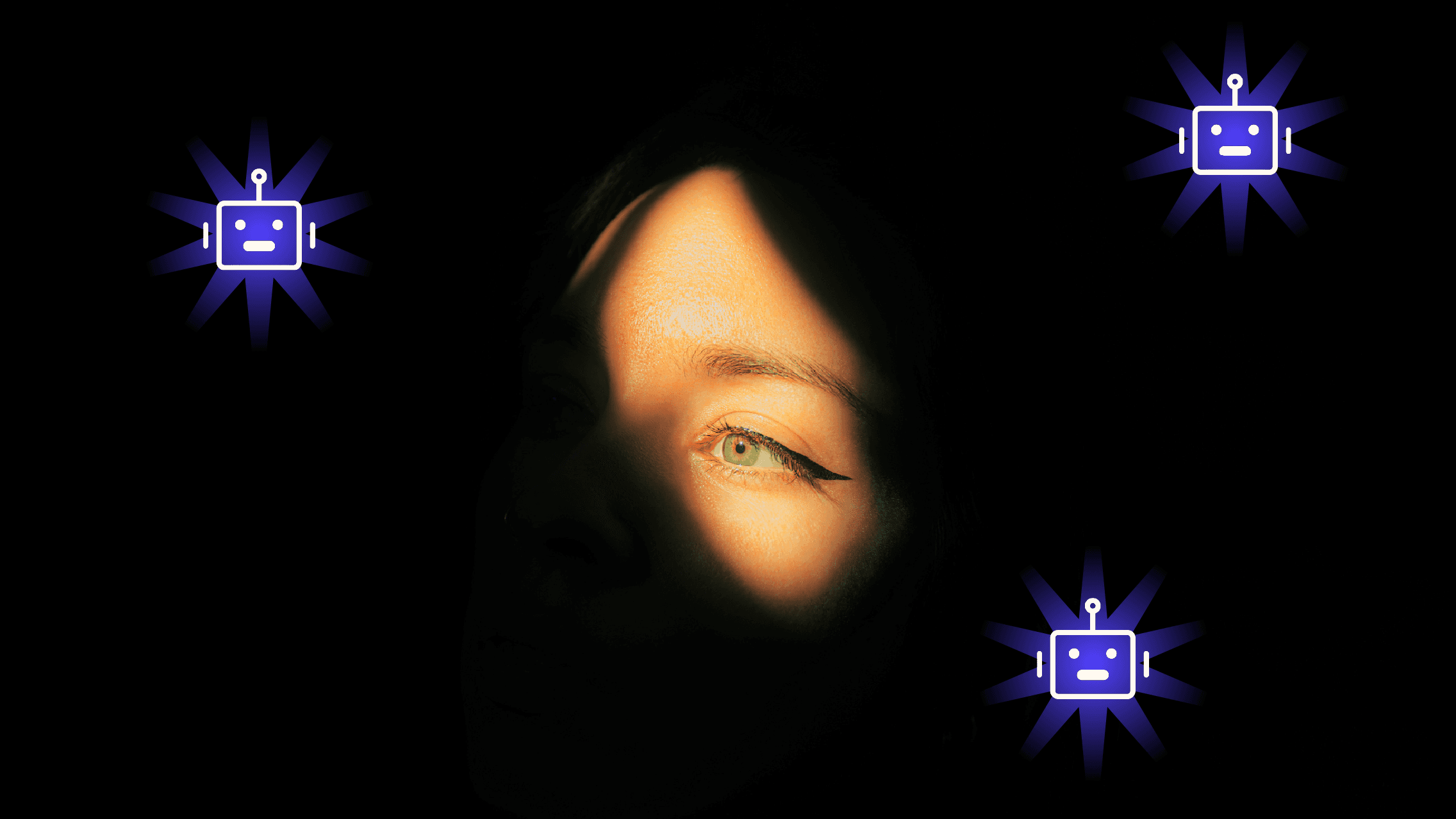 A human eye peers through a narrow slit of light against a black background, surrounded by three glowing blue AI agent icons, illustrating the ghost agent problem in enterprise AI security.