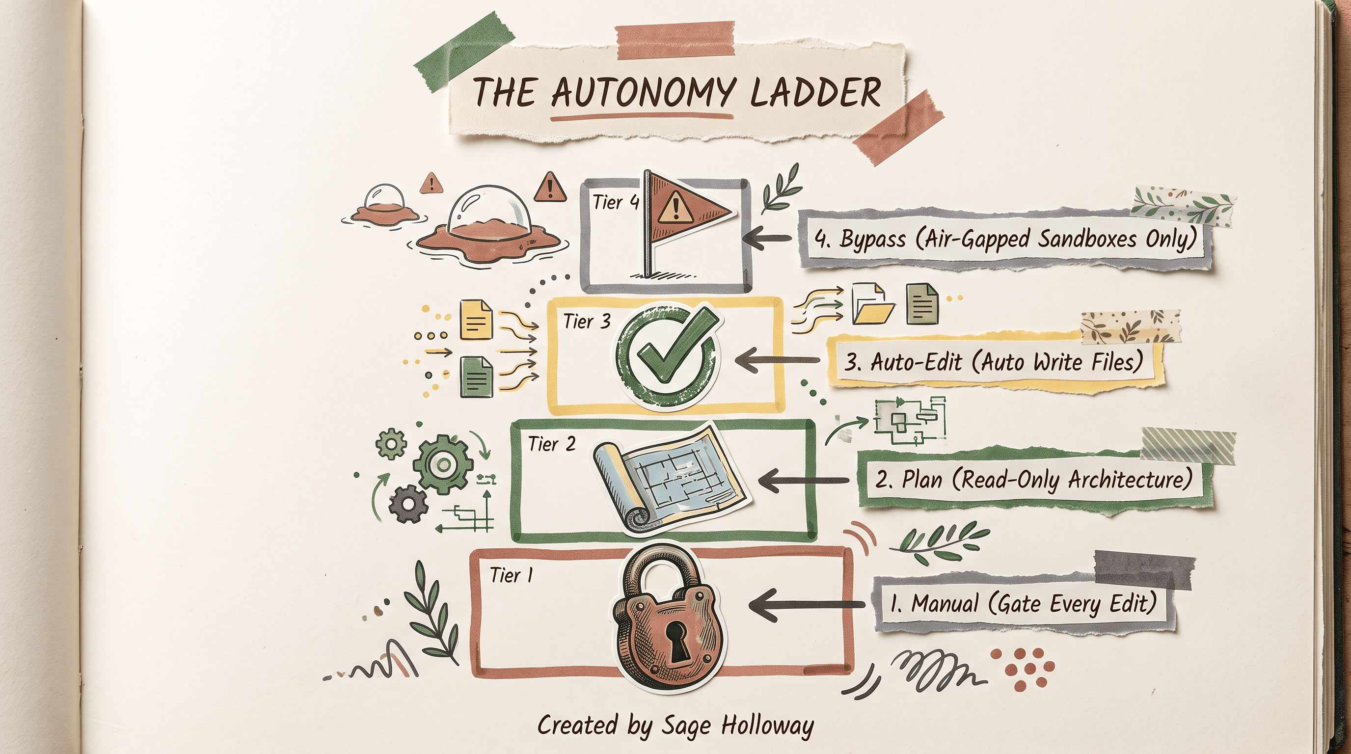 Scrapbook diagram of the Claude Code permission modes autonomy ladder