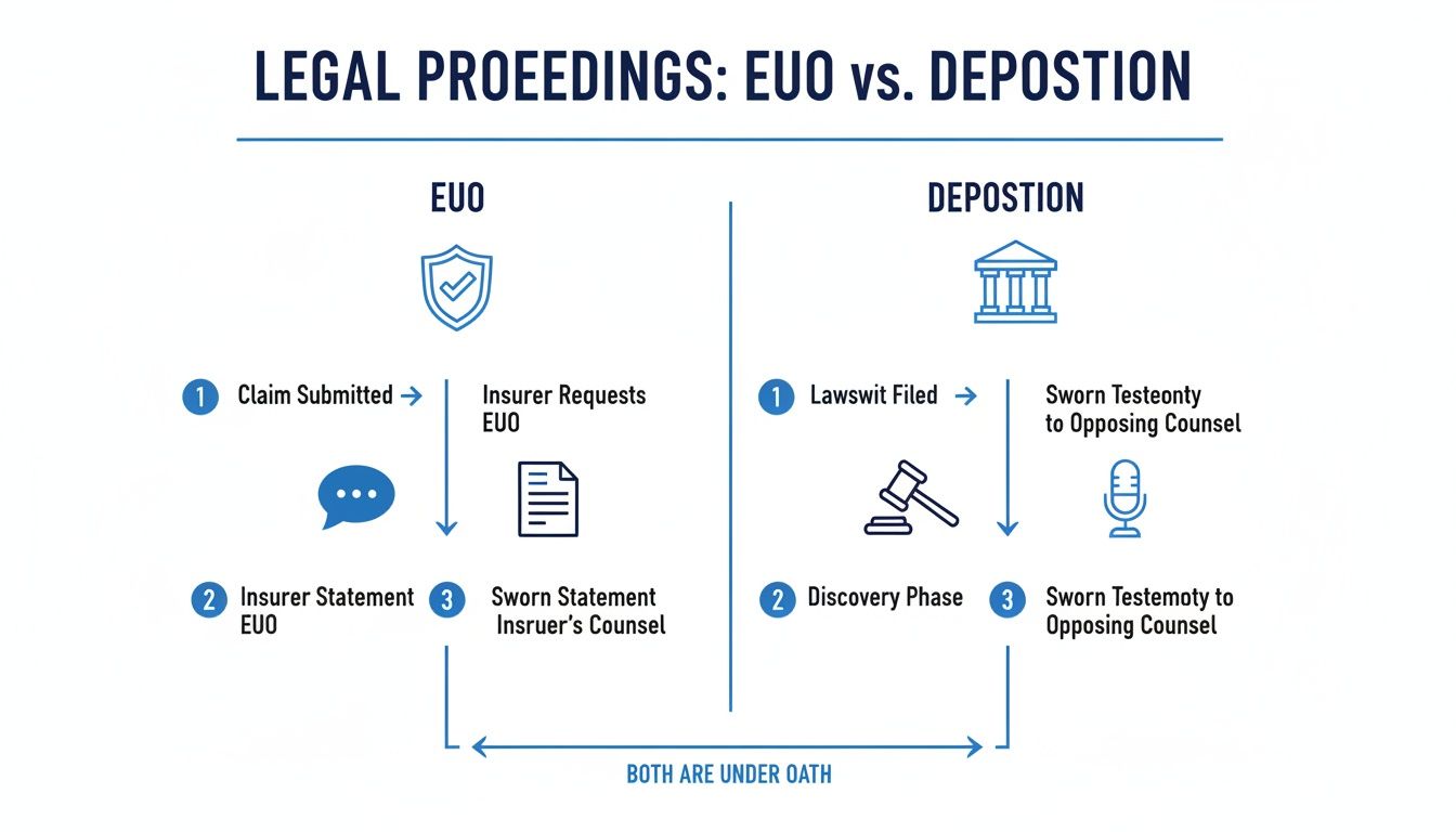 Flow chart comparing legal proceedings: Examinations Under Oath (EUO) vs. Deposition, both under oath.