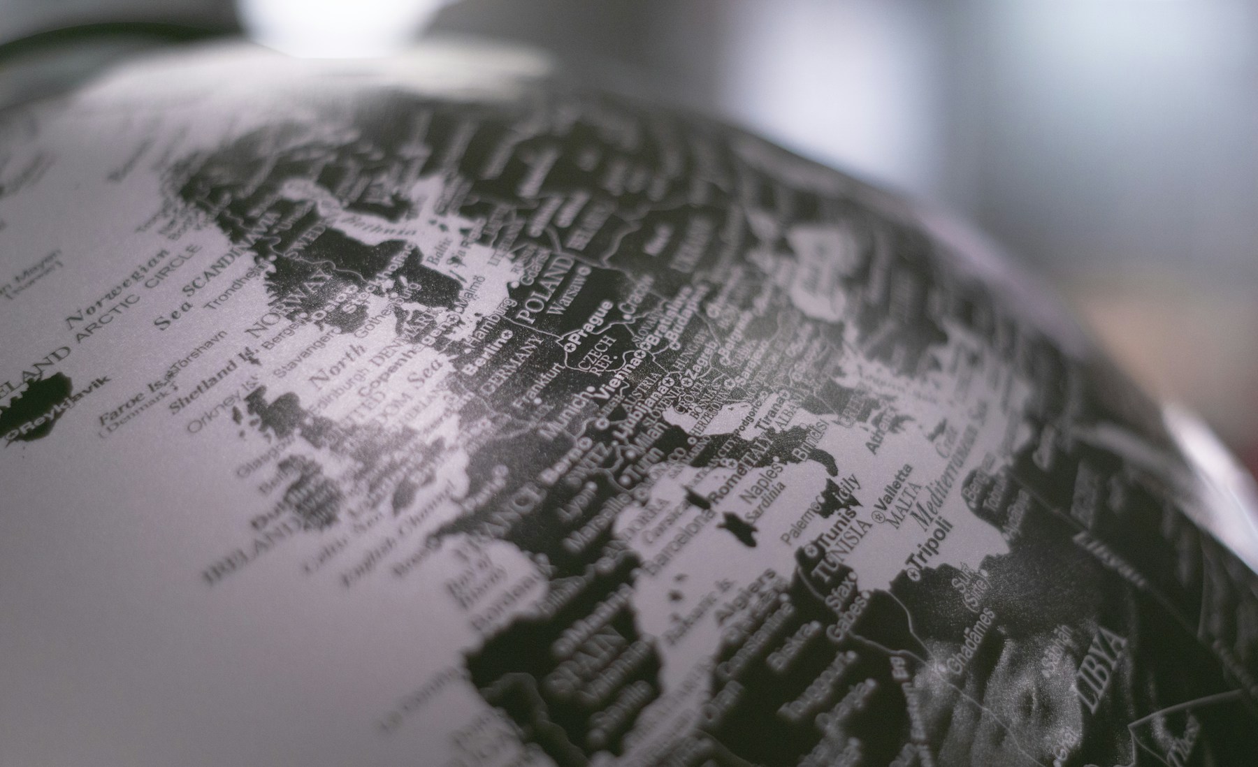 Close-up of a globe showing Europe and North Africa.