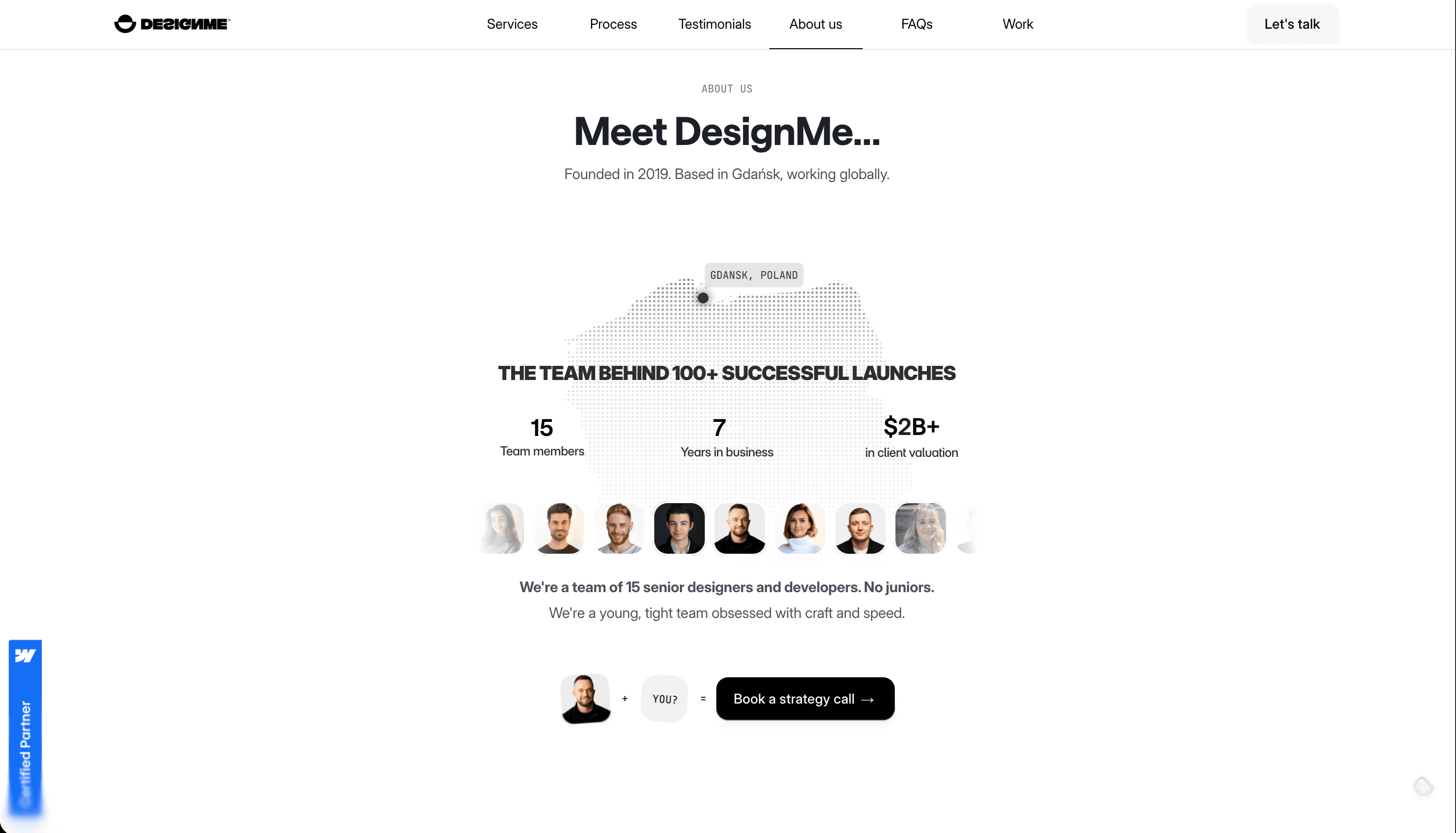 A webpage screenshot showcasing a clean design with a headline "Meet DesignMe..." and information about a team of 15 members involved in over 100 successful launches, along with visual icons of team members and a call-to-action button labeled "Book a strategy call."
