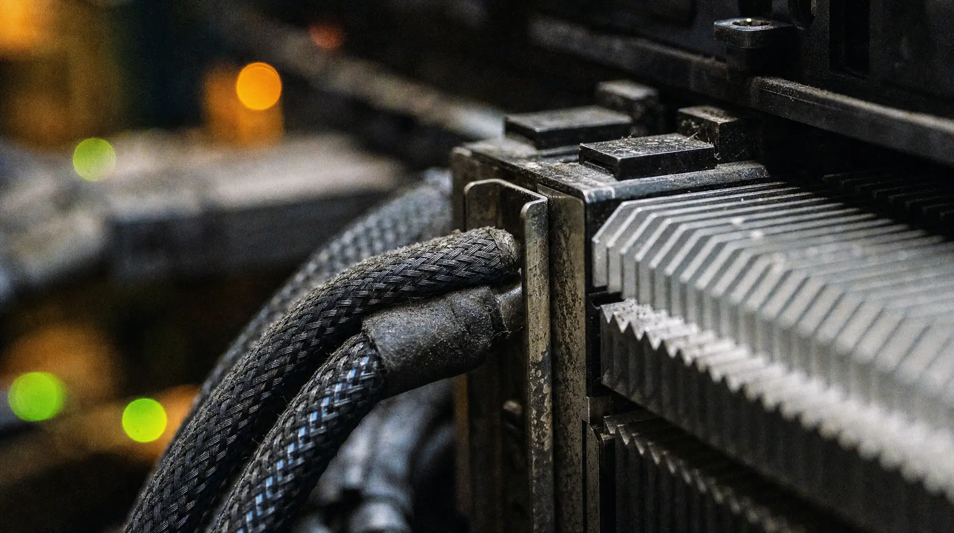 Coiled cables and metal connectors rest beside a machine component, conveying manufacturing video marketing in an industrial setting.