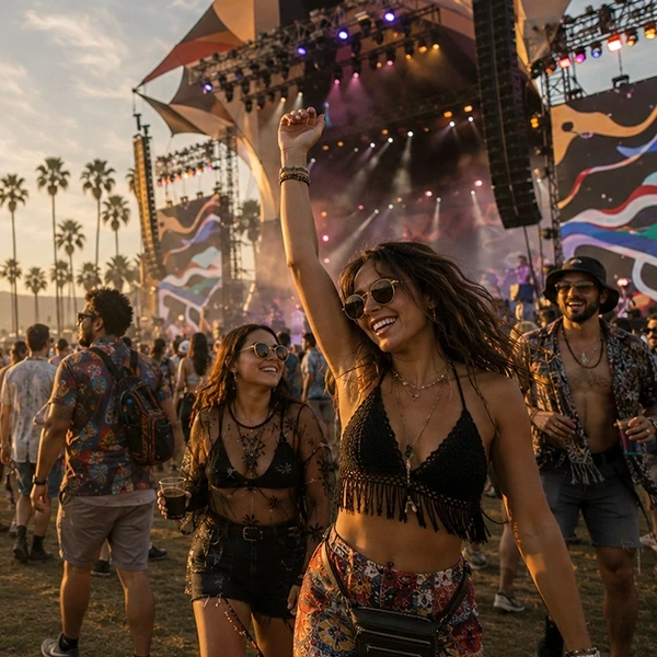 3 young festival goers enjoy the sunset at the music festival
