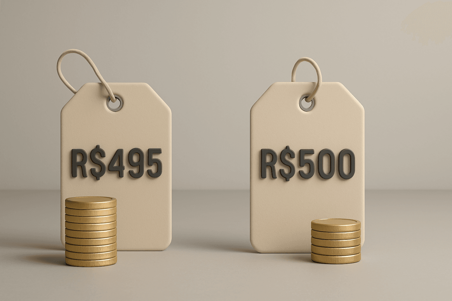 Comparação visual de precificação no B2B com duas etiquetas de preço, R$495 e R$500, acompanhadas de pilhas de moedas, ilustrando o impacto psicológico da precificação quebrada em decisões de compra no atacado e em distribuidoras.
