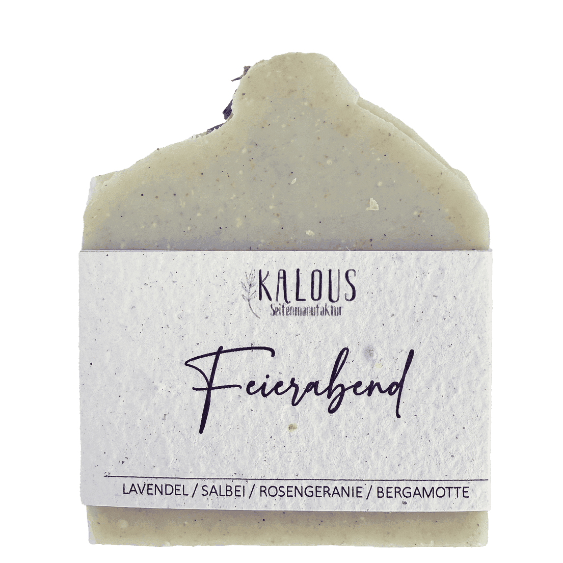 Handgesiedete Naturseife „Feierabend“ mit Lavendel, Salbei, Rosengeranie und Bergamotte.
