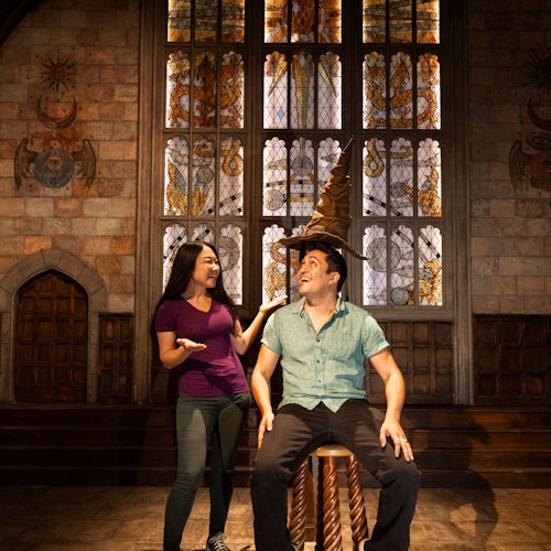 Dvije osobe u kamenoj prostoriji. Jedna stoji, dok druga sjedi na stolcu noseći čarobnjački šešir, ispred raskošnih vitražnih prozora.