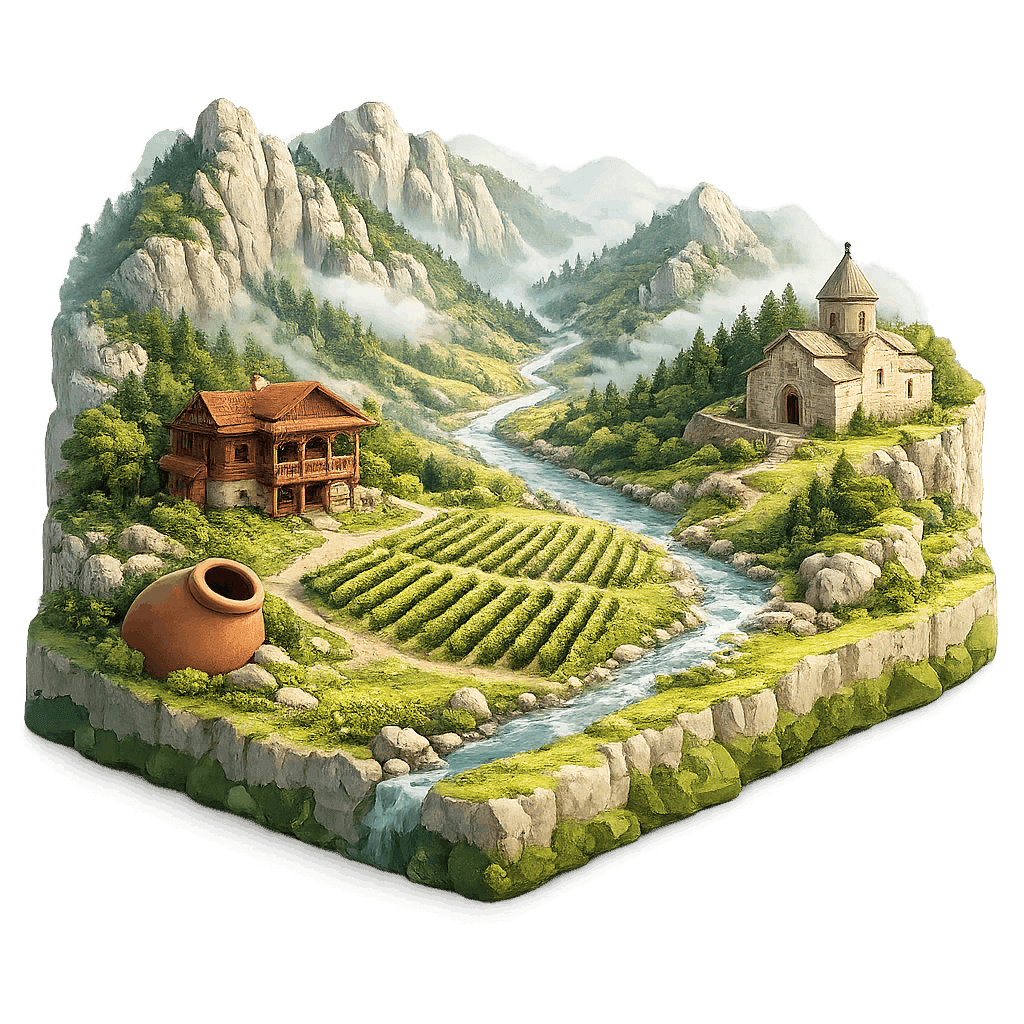 Artistic illustration of the Racha-Lechkhumi wine region.