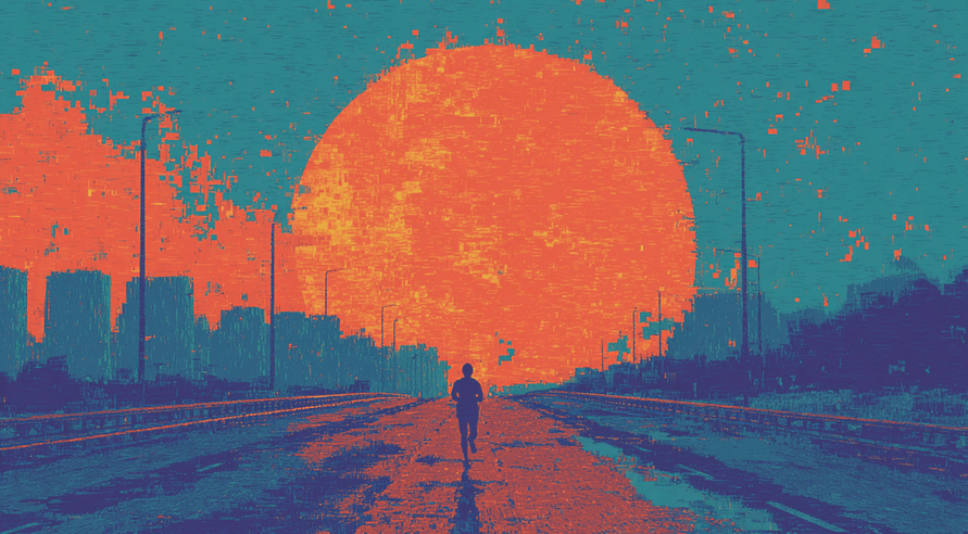 Sunset over a city painting