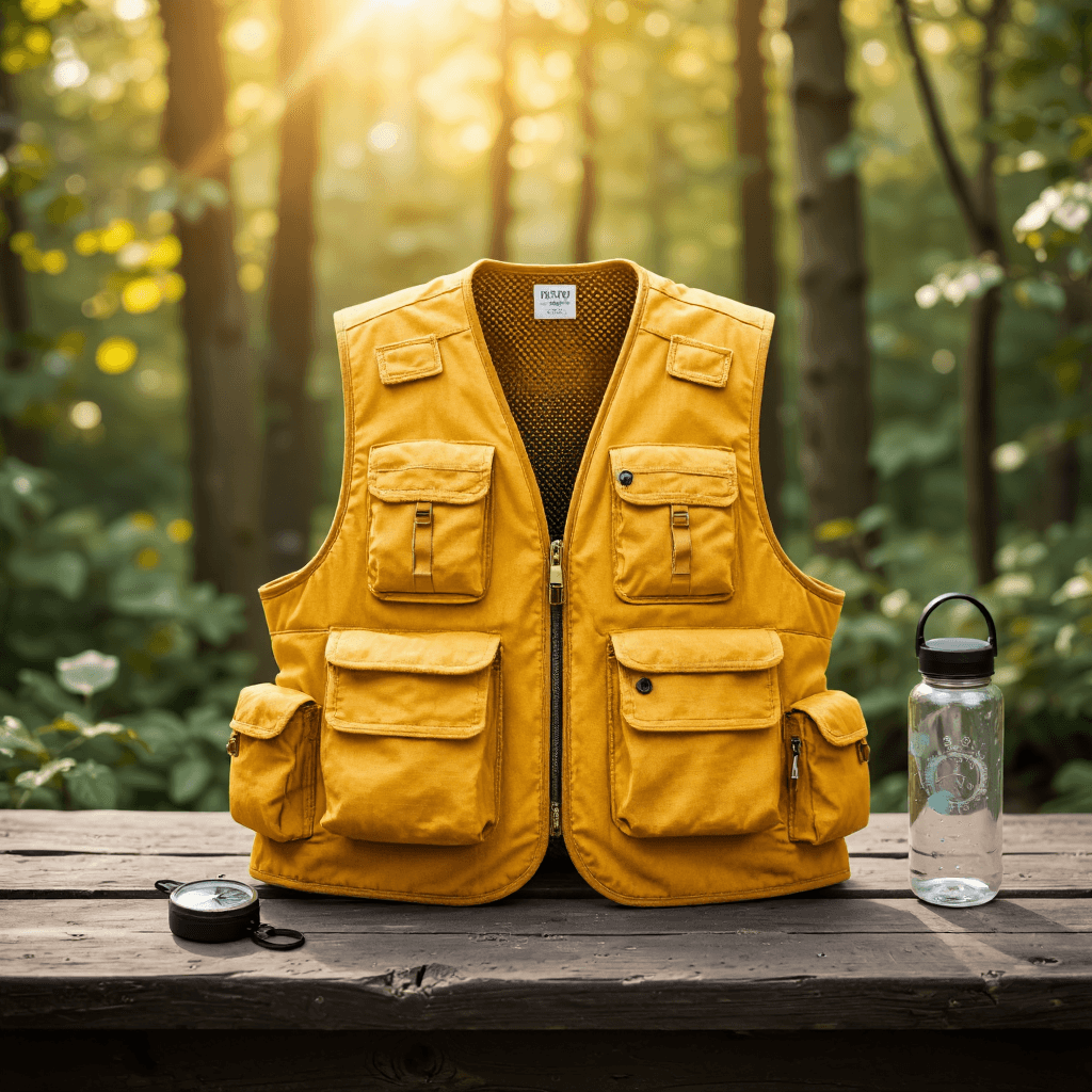 product photography of a yellow utility vest with multiple pockets, designed for outdoor activities