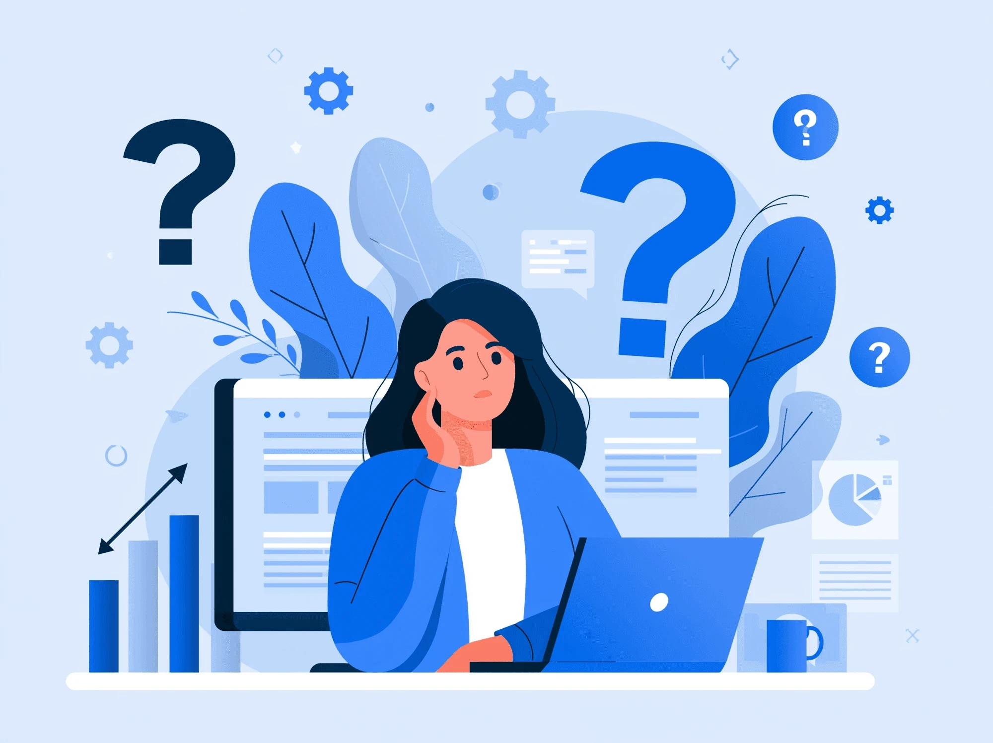 Flat illustration of a person at a laptop with a hand on their cheek, surrounded by question marks, gears, charts and screens