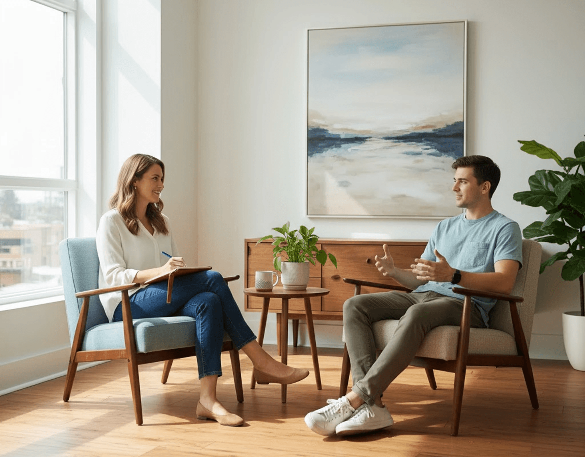 Counseling session with therapist and patient in office