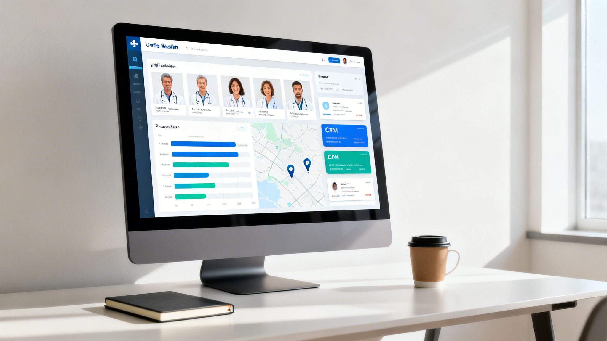 Modern office desk with computer showing healthcare dashboard, notebook, and coffee cup in sunlight.