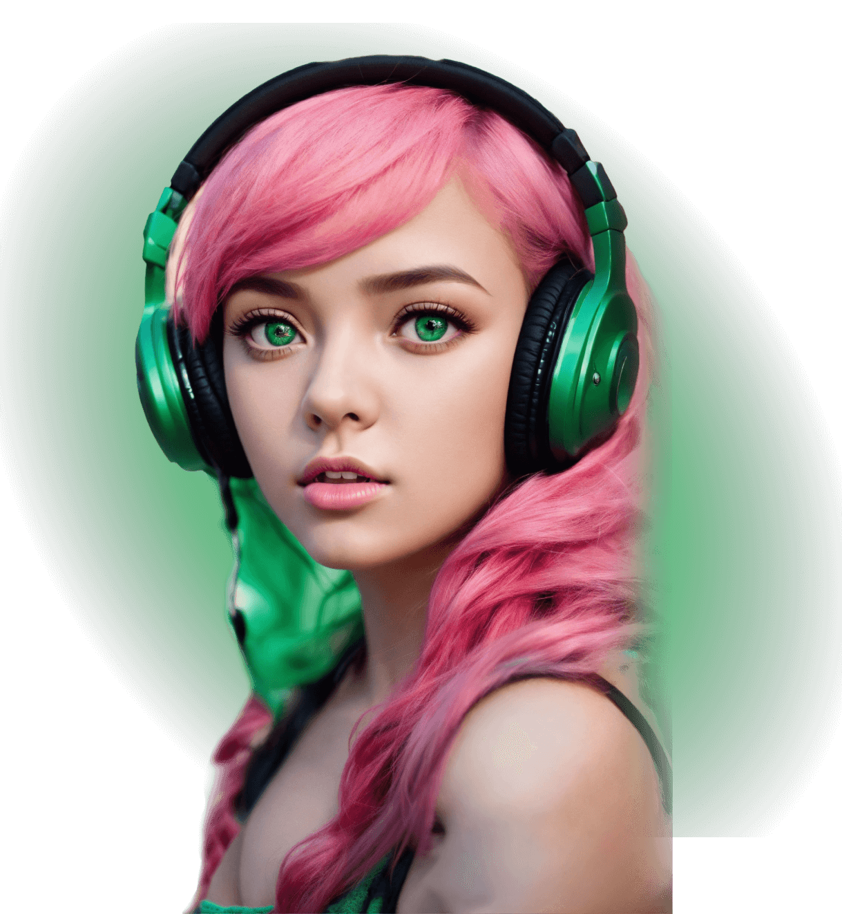 Young woman with pink hair wearing green headphones  representing futuristic music creation technology, model of Sunora AI Music Generator app