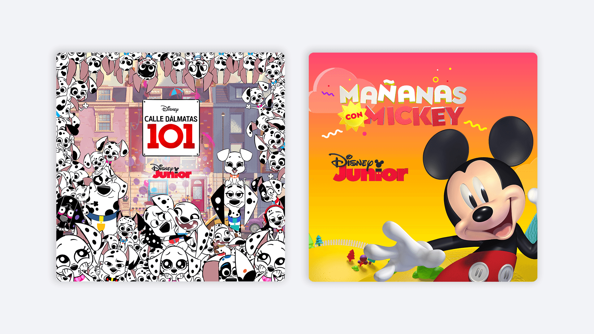 Dú+
Dúo de piezas para Disney Junior: "Calle Dálmatas 101" con cachorros y "Mañanas con Mickey" con un atardecer.