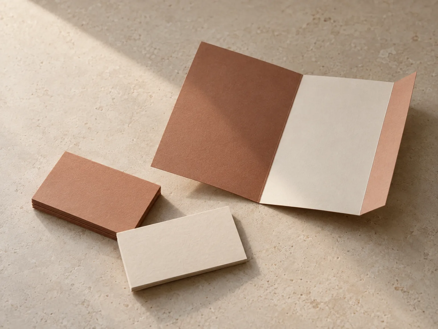 Blank terracotta and cream cards and brochure on a stone table