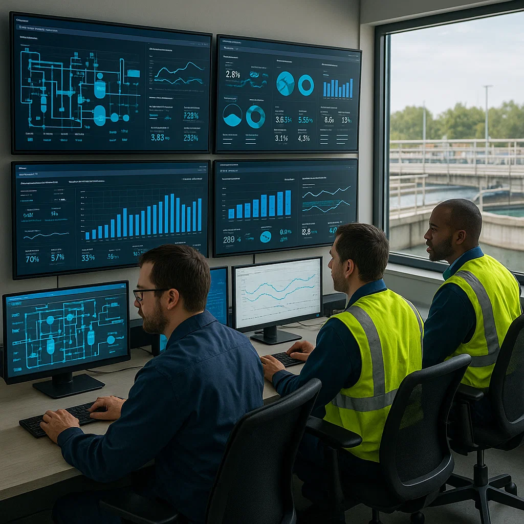  Water utility engineers in a control room monitor multiple screens displaying operational data and analytics charts.