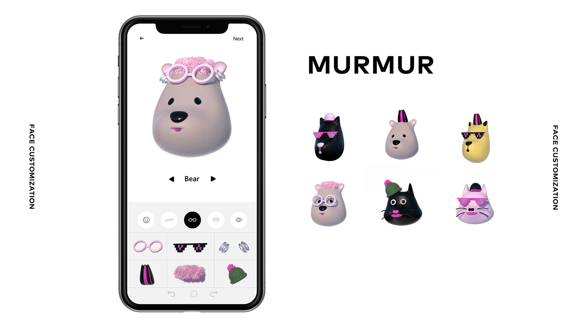 A smartphone displays a customization interface featuring a bear wearing pink-framed glasses and a pink hat. The interface includes options for customizing the bear's appearance, such as glasses, hat, nose, ears, face, mouth, and accessories. Below the bear image, the text "MURMUR" appears alongside six stylized cat faces with pink sunglasses and accessories. The text "FACE CUSTOMIZATION" is displayed vertically along the left and right edges of the image.