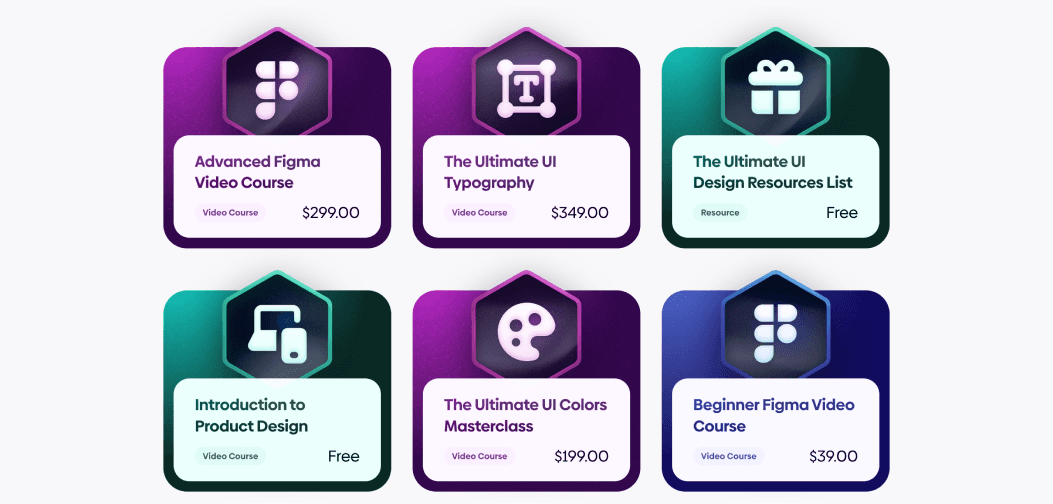 Grid of six Supercharge Design course cards including Advanced Figma Video Course ($299), The Ultimate UI Typography ($349), The Ultimate UI Design Resources List (Free), Introduction to Product Design (Free), The Ultimate UI Colors Masterclass ($199), and Beginner Figma Video Course ($39).