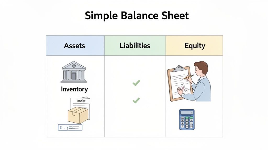 A simple balance sheet diagram showing assets, liabilities, and equity with related icons.