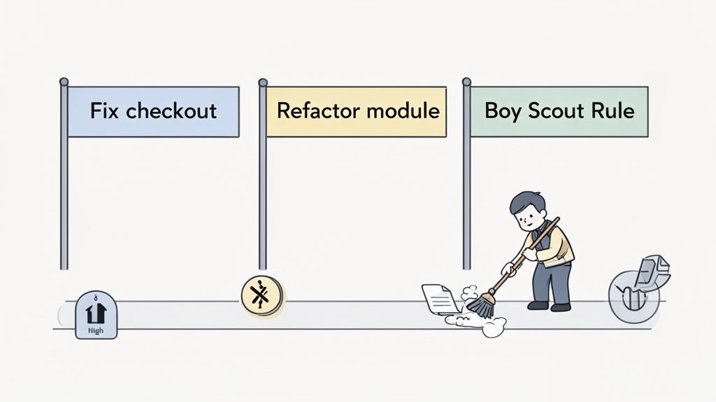 Timeline with flags for 'Fix checkout', 'Refactor module', and 'Boy Scout Rule', illustrating code quality practices.