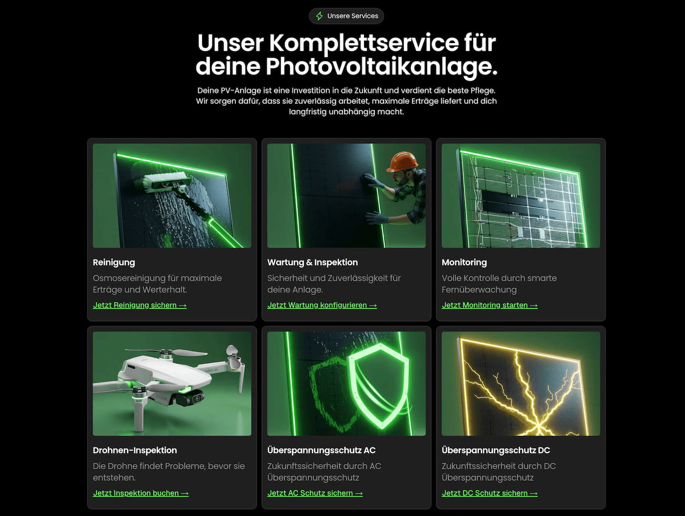 Übersichtliche Darstellung der Service-Leistungen eines Solar-Unternehmens in einem modernen Grid-Layout – Professionelles Webdesign für Solarfirmen von Webnity-X.